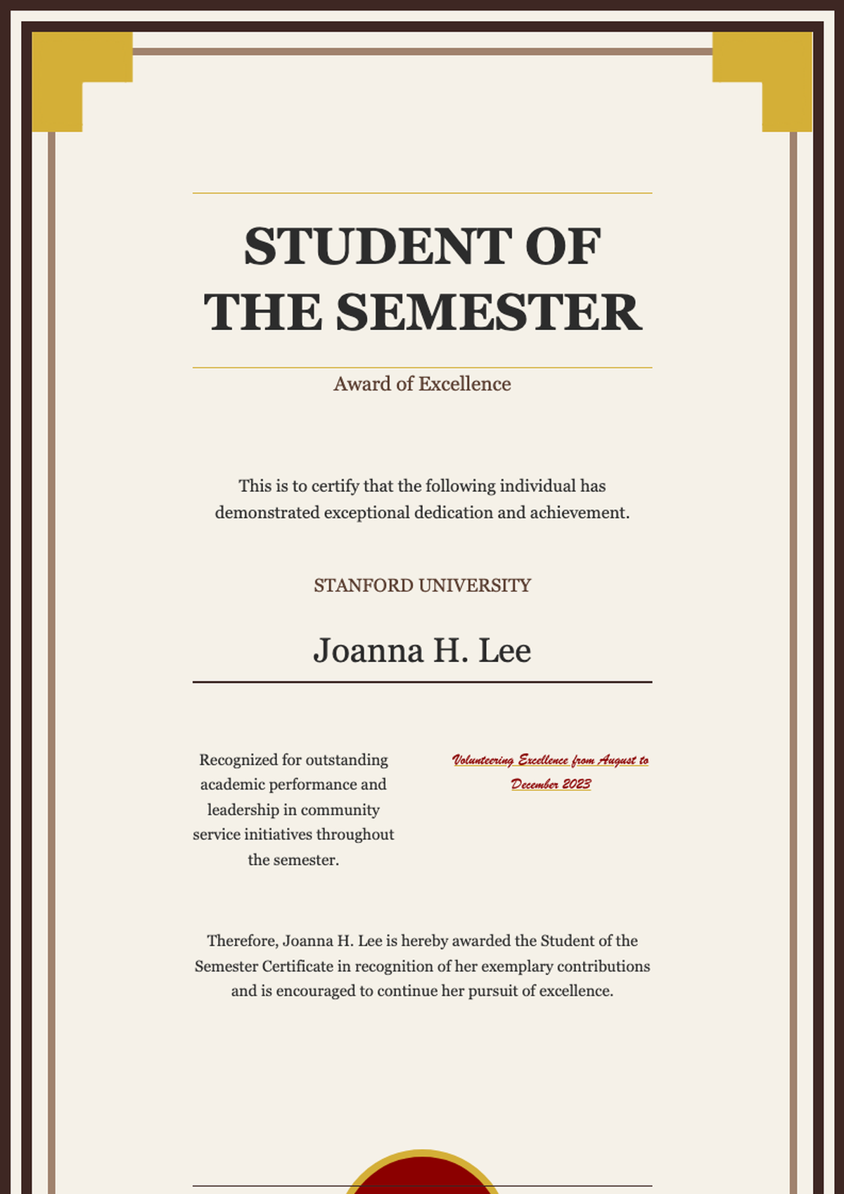 Framed student of the semester certificate with ornate border and red seal_variant_2